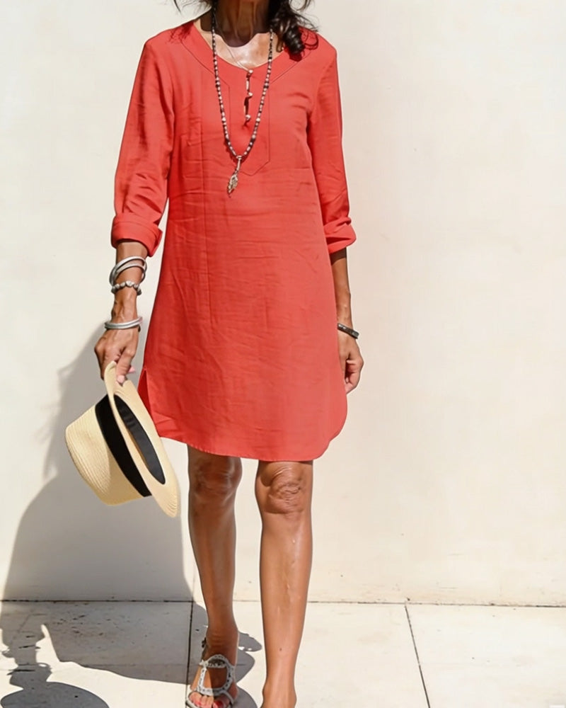 Kleid Halbe Knopfleiste Seitenschlitz Baumwolle Und Leinen