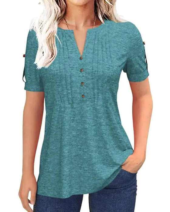 T-Shirt Plissiert Henley Kurzer Ärmel