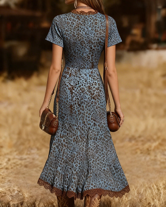 Kleid V-Ausschnitt Leopardenmuster