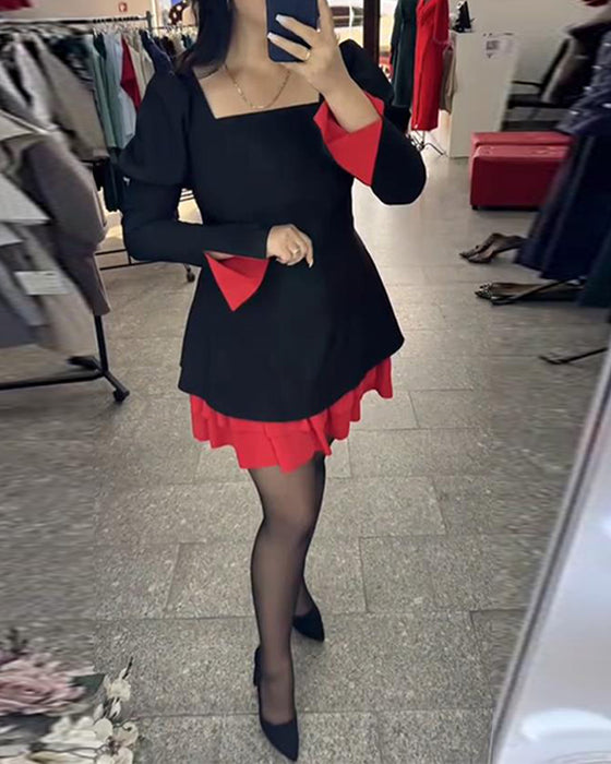 Kleid Schlitz Glockenärmel Patchwork A-Saum