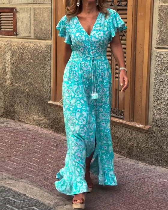 Kleid V-Ausschnitt Rüsche Schnürung