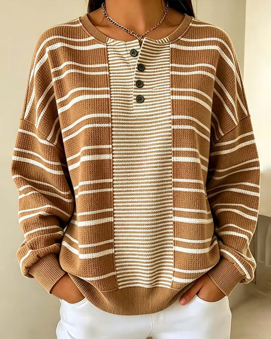 Sweatshirt Gestreift Patchwork Langarm Henley