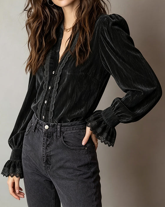 Bluse Puffärmel Rüsche Knopf Vorne