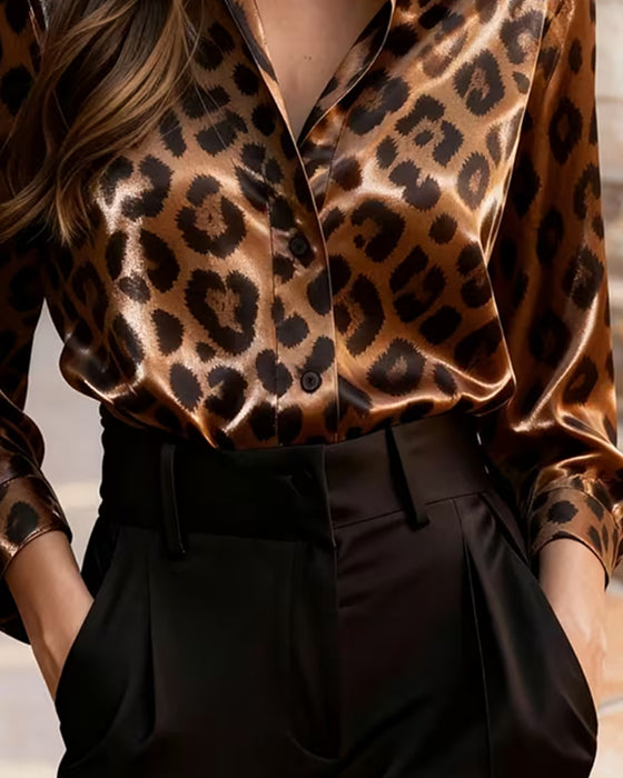 Bluse Revers Leopard Druck Langarm Drapiert