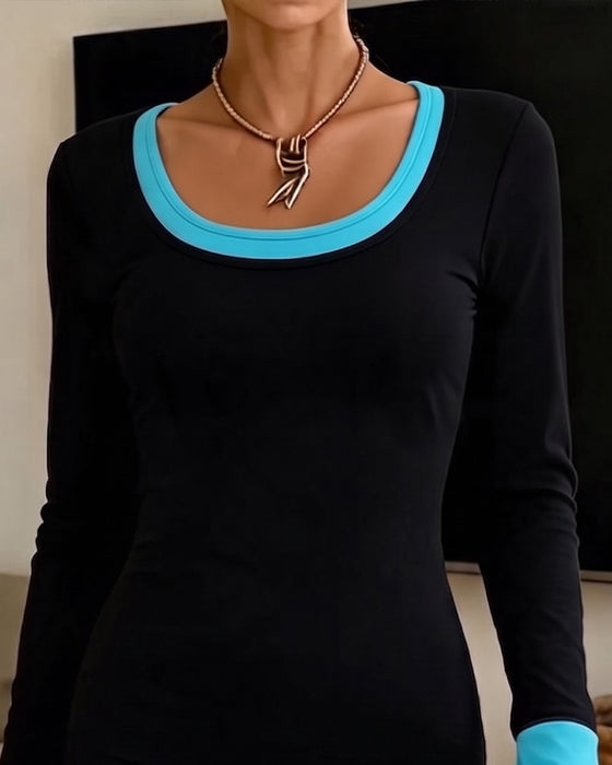 Kleid Kontrastfarbe Langarm U-Ausschnitt