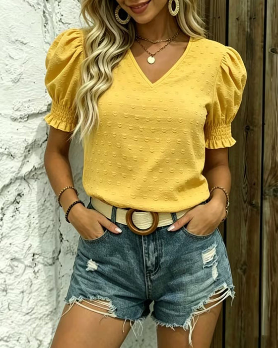 Bluse Puffärmel V-Ausschnitt Jacquard