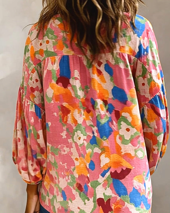 Bluse Bunt Bedruckt Laternenärmel Franse