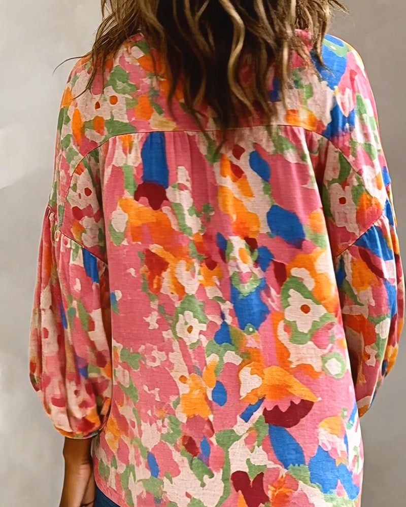 Bluse Bunt Bedruckt Laternenärmel Franse