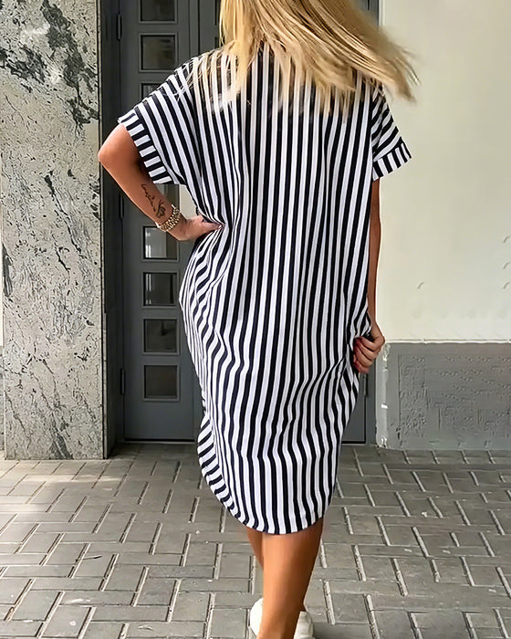 Kleid Reverskragen Gestreift Unregelmäßiger Schnitt