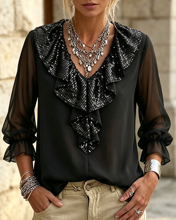 德语 (German) Bluse Stilvoll V-Ausschnitt Spitzenbesatz Sheer