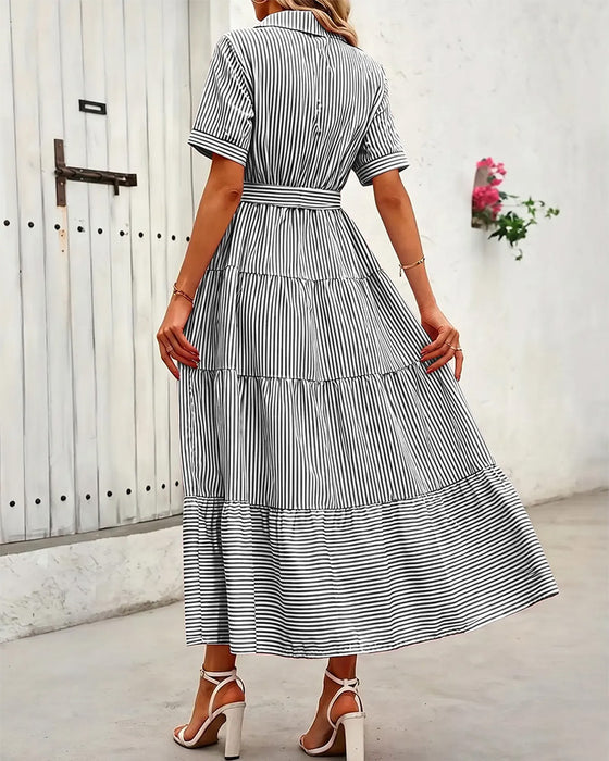 Kleid Gestreift Tailliert Gestuft Hemd Maxi