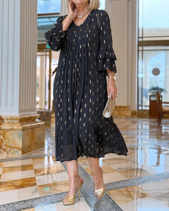 Kleid Laternenärmel V-Ausschnitt Druck