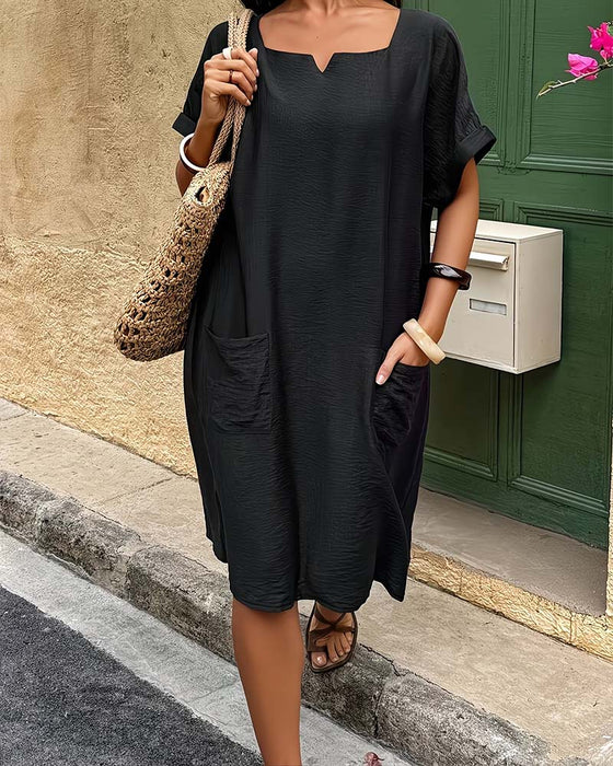 Kleid Quadratischer Ausschnitt Rollsaum Kurzarm locker Tasche