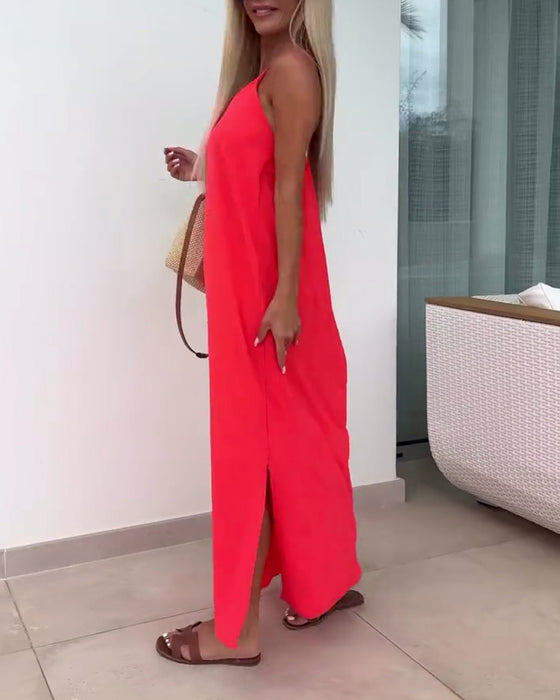 Kleid Ärmellos Strapless Einfarbig Schlitz