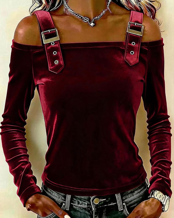 Oberteil Samt Off-Shoulder Langarm