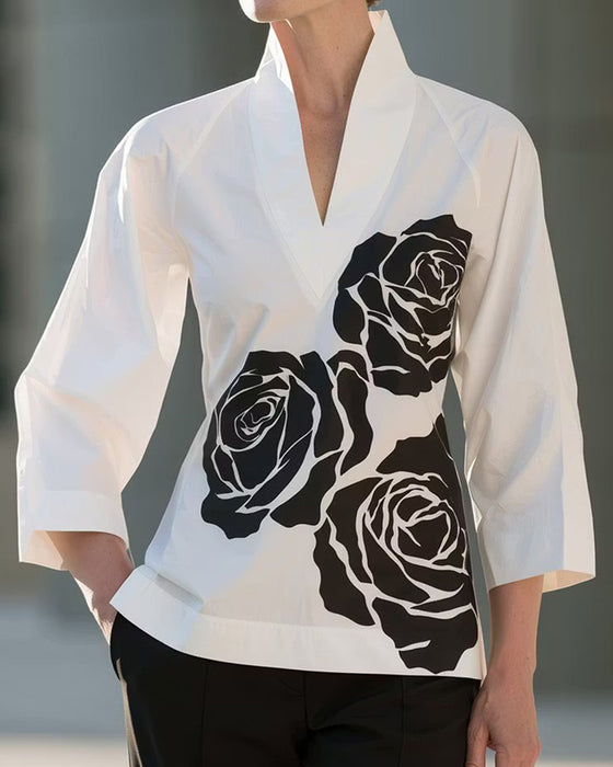 Bluse V-Ausschnitt Blumen Print