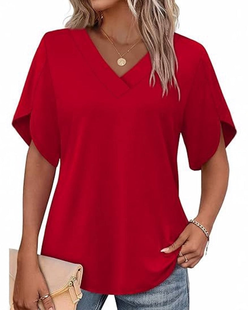 T-Shirt V-Ausschnitt Kleiner Schlitz Kurzarm Einfarbig