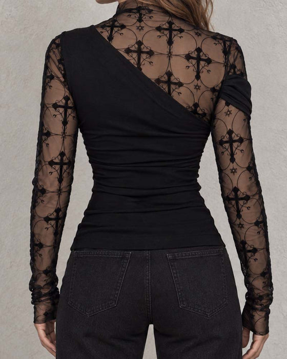 Oberteil Hoher Hals Ein-Schulter Lagen Mesh Figurbetont