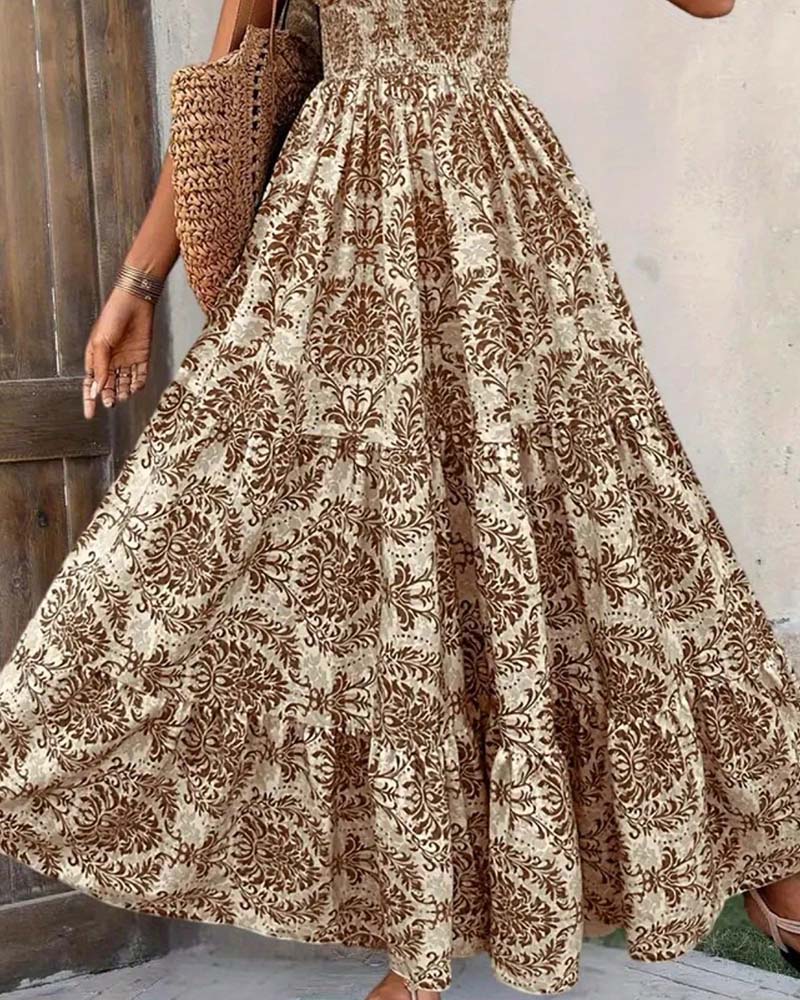 Kleid Retro Print V-Ausschnitt Tailliert Lang