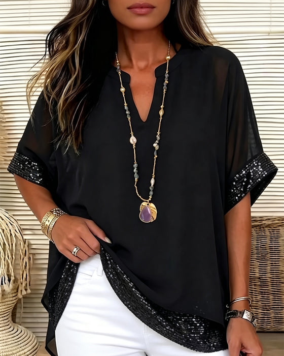 Bluse Pailletten Patchwork Durchsichtig Locker