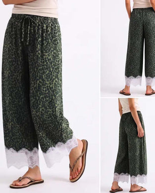 Hose Elastischer Bund Leopardenmuster Spitze Spliced Weites Bein