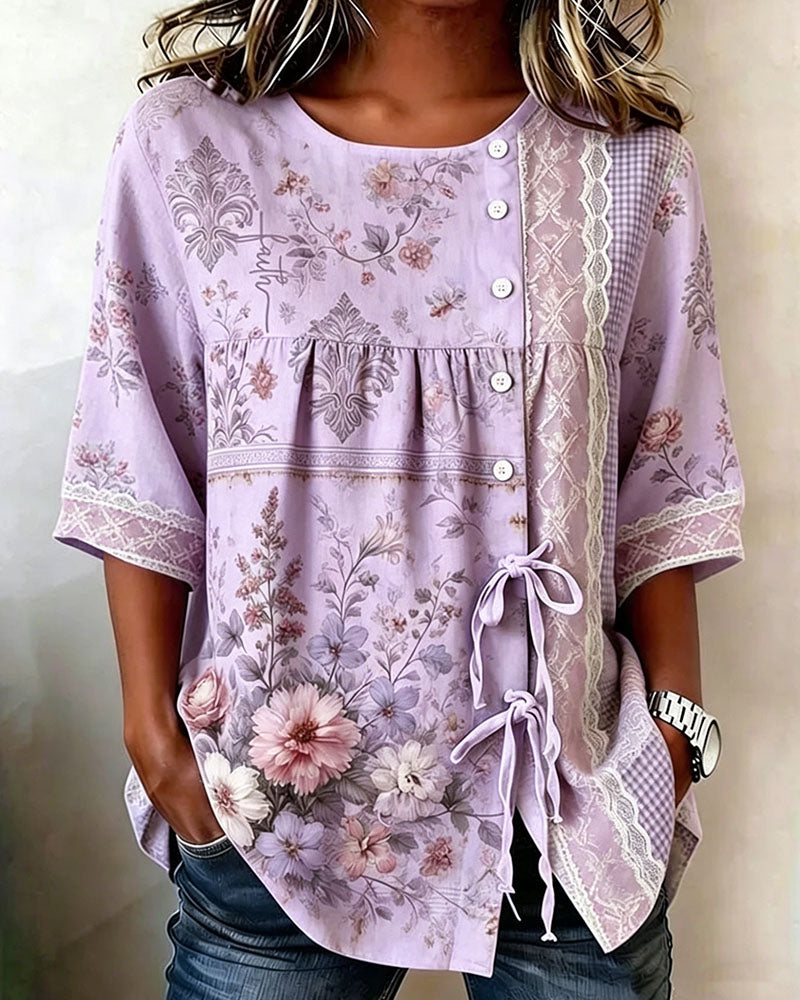 Bluse Retro Blumenprint Lässig