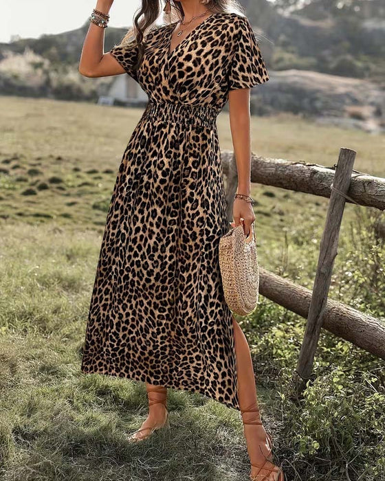Kleid Leopard V-Ausschnitt Elastische Taille A-Linie