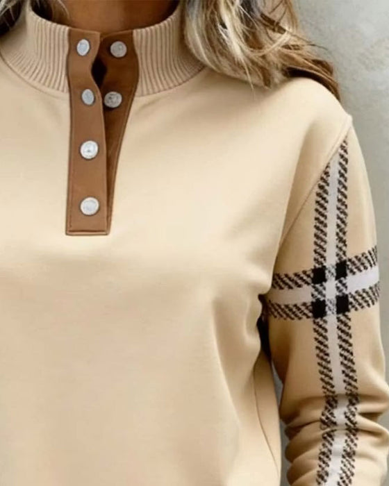 Sweatshirt Rollkragen Knopf Gestreift Langarm