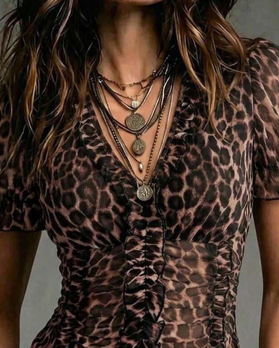 Bluse V-Ausschnitt Leopard Druck Rüsche Puffärmel