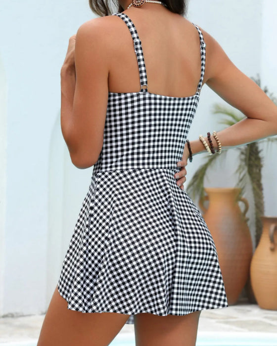 Einteilig Kariert Halter Kleid Schleife