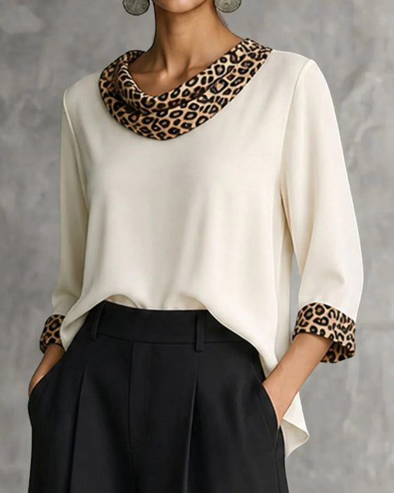 Bluse Leopard Panel Cowl Neck Ellenbogenlang Ärmel