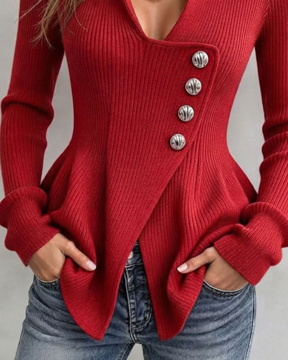 Pullover Stehkragen Asymmetrisch Knopf Unregelmäßige Taille