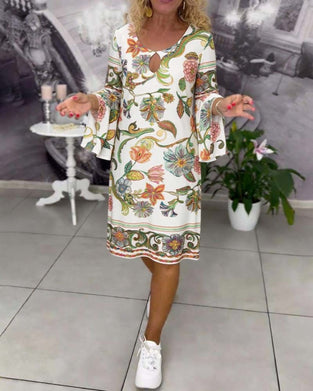 Kleid Rüschenärmel bedruckt Rundhals