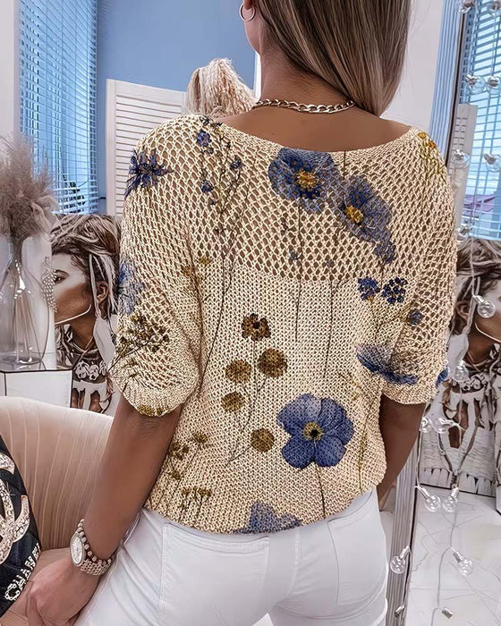 Pullover Rundhals Blumig Ausgeschnitten Locker