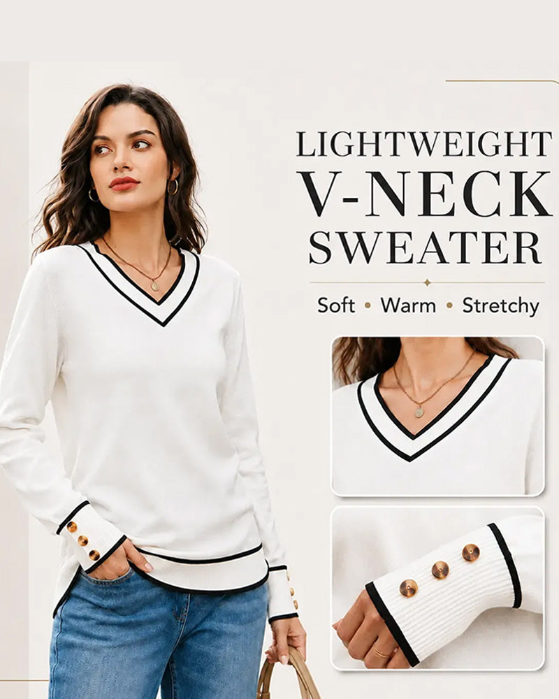 Pullover Mit Farbblock V-Ausschnitt Und Druckknöpfen