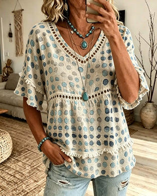 Bluse Franse V-Ausschnitt Tupfen Babydoll