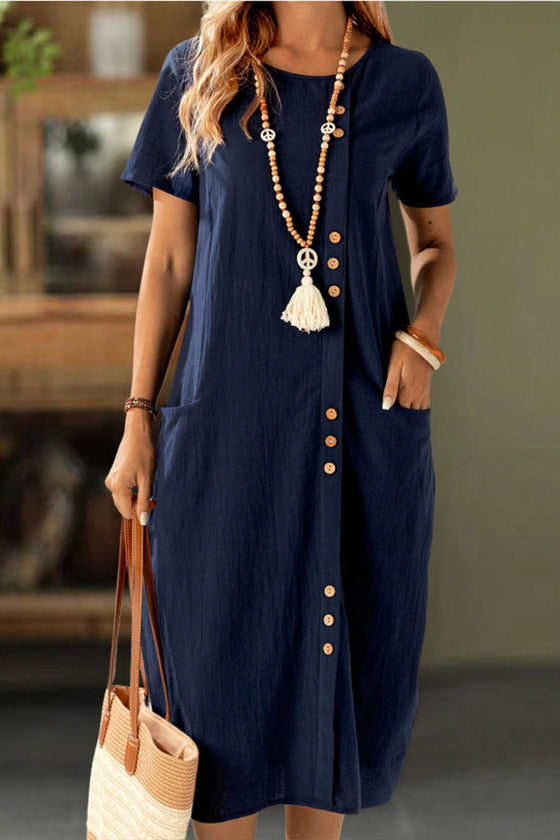 Kleid Geknöpft Kurzarm Tasche Shift