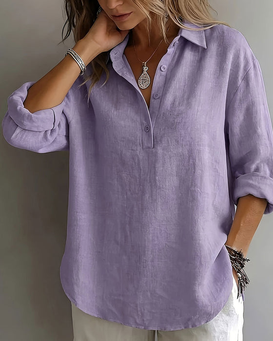 Bluse Einfarbig Revers Halbe Knopfleiste Langarm