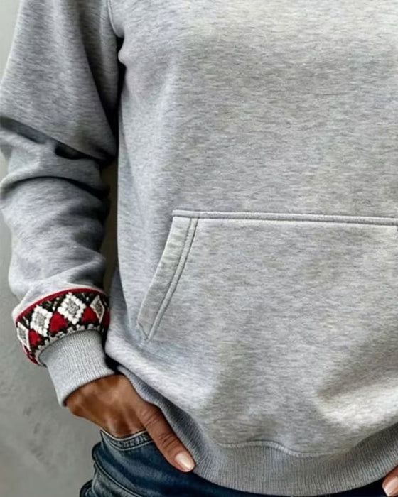 Sweatshirt Rundhals Argyle Farbblock Tasche