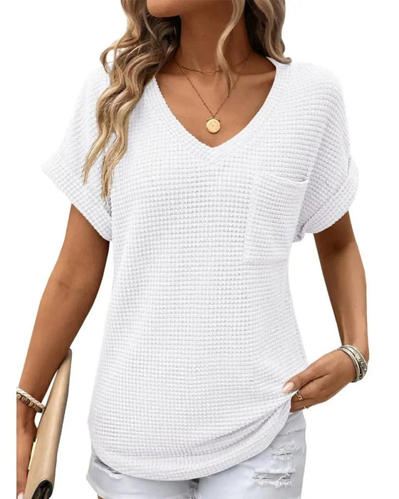 T-Shirt Damen Waffelstrick V-Ausschnitt Lässig Sommer