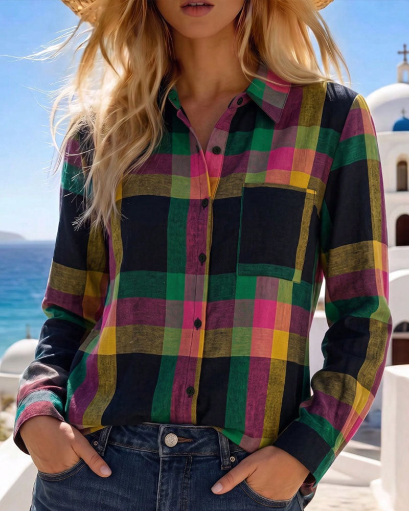 Bluse Kragen Tasche Kariert Hemd