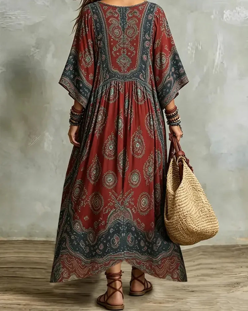 Kleid Vintage Boho V-Ausschnitt Bedruckt Maxi