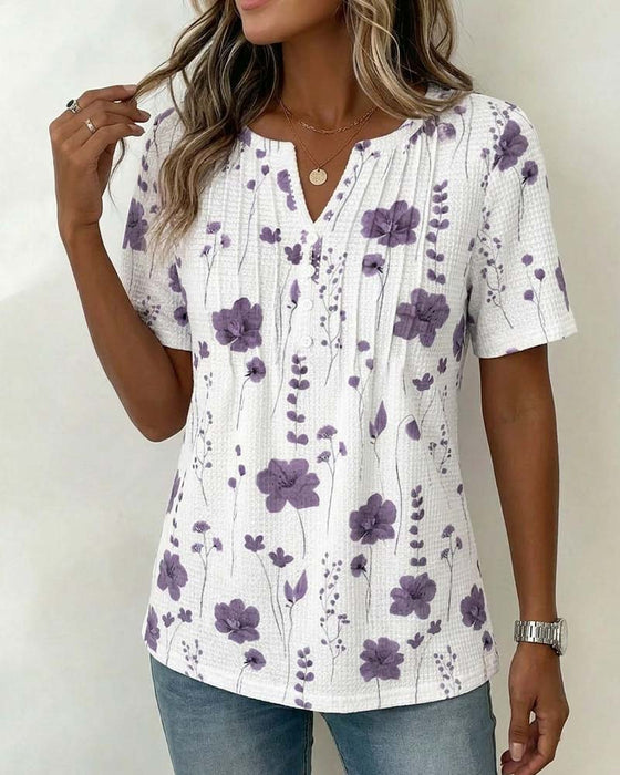 T-Shirt Waffel V-Ausschnitt Blumen