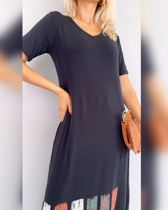Kleid V-Ausschnitt Bedruckt Schlitz Lässig Kurzarm