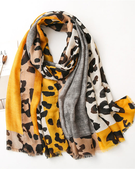 Damen Schal Leopard Patchwork Print Fransen Schal