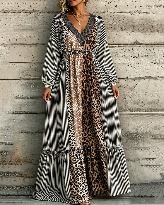 Kleid V-Ausschnitt Gestreift Leopardenmuster Patchwork