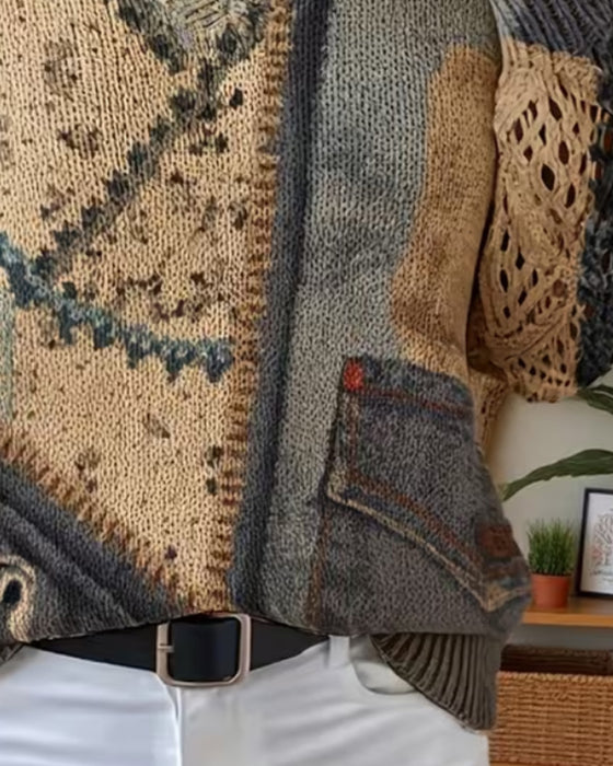 Pullover V-Ausschnitt Farbblock Ausgeschnitten Locker