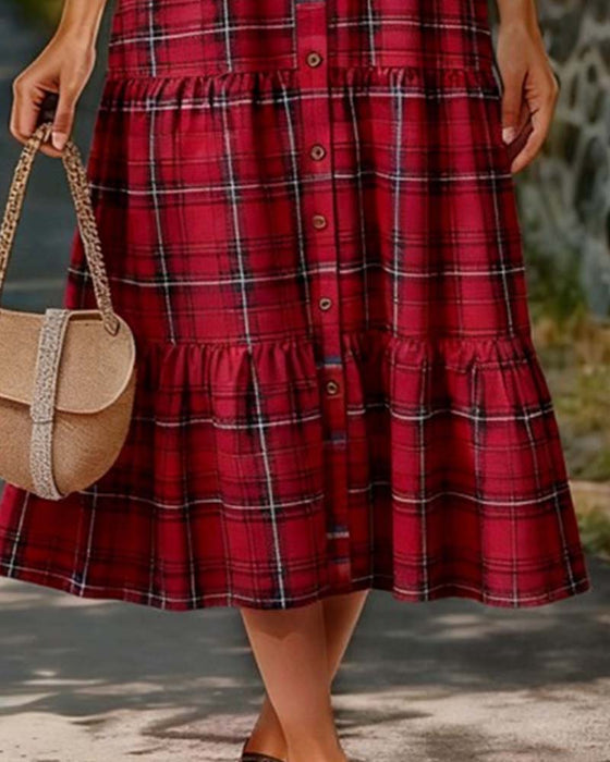 Kleid Plaid Sieben-Viertel Ärmel Gestuft