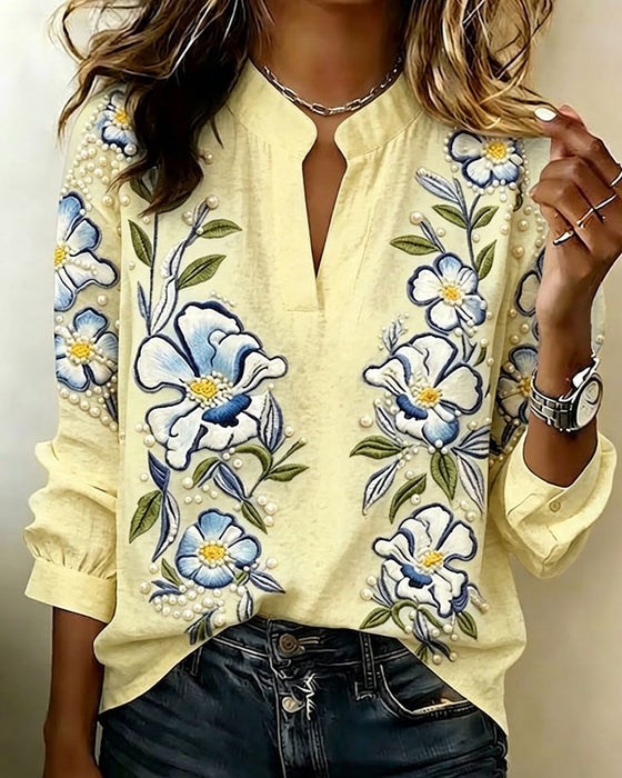 Bluse Mandarin Kragen Langarm Bedruckt