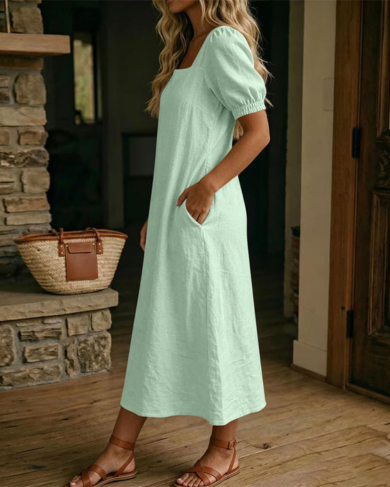Kleid Quadratischer Ausschnitt Puffärmel Tasche